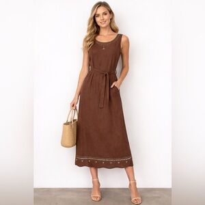 Vintage Linen Midi Dress Brown Beaded Neckline Hem Sleeveless  Boho Cottagecore